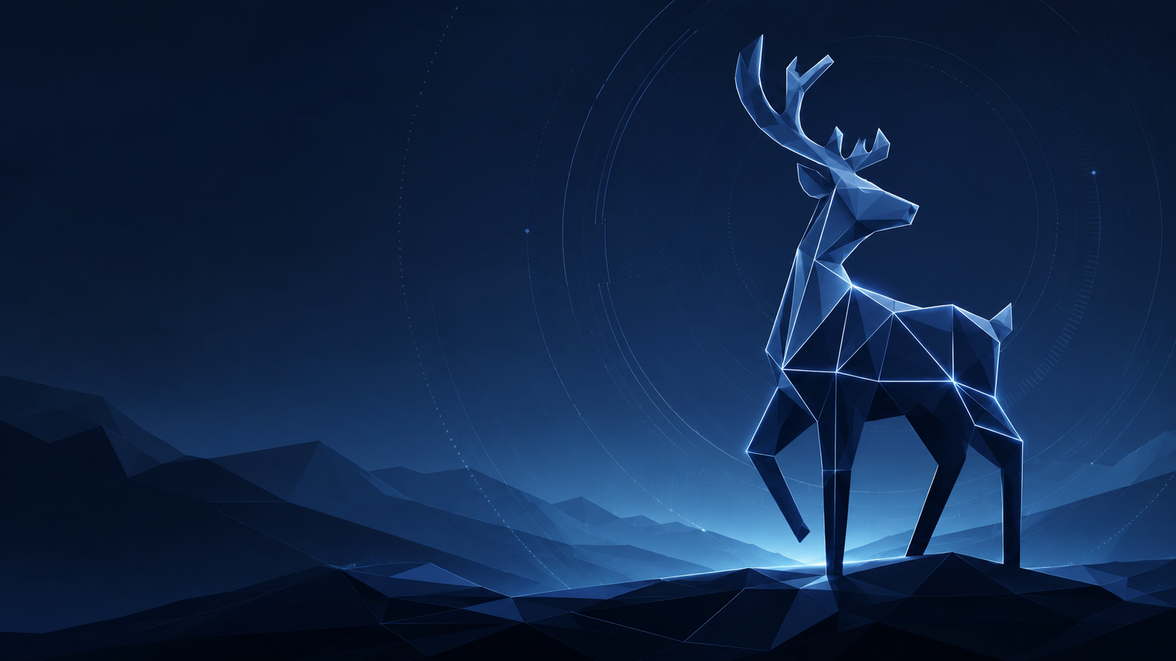 Geometric blue reindeer in a digital landscape